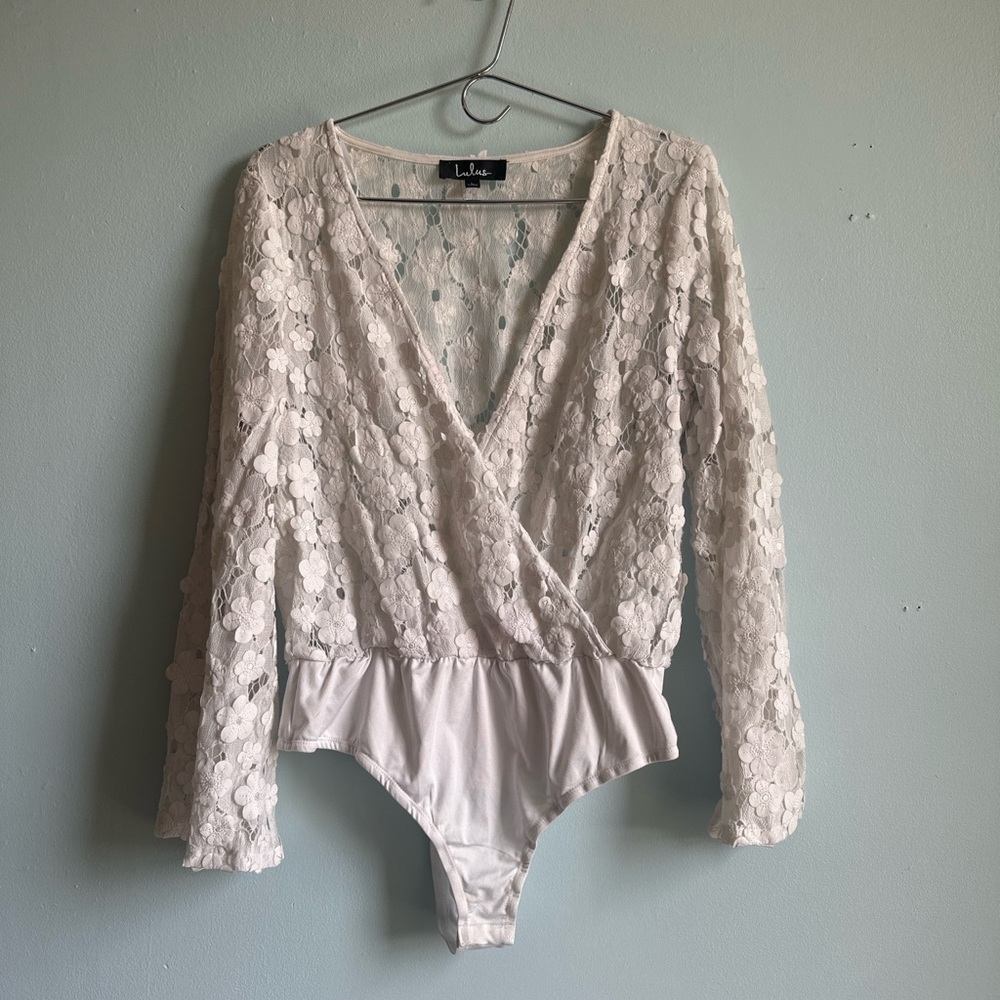 Lulus bridal bodysuit, appliqué and sheer.